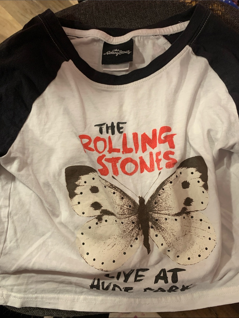 the Rolling Stones Kids White Tee with Black Sleeves and Red Logo